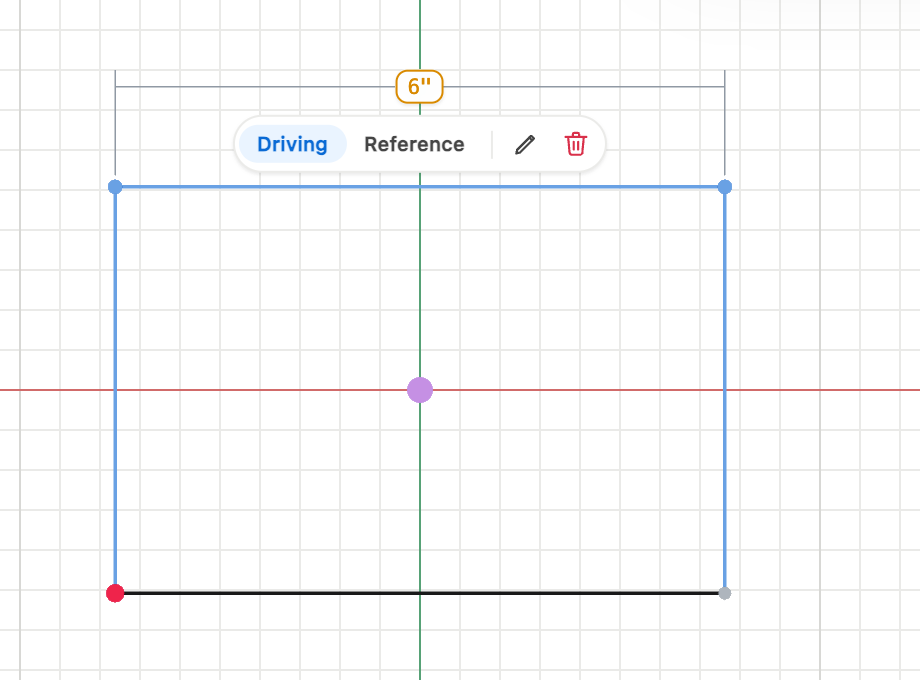 A selected six-inch sketch dimension with Driving, Reference, edit and delete controls.