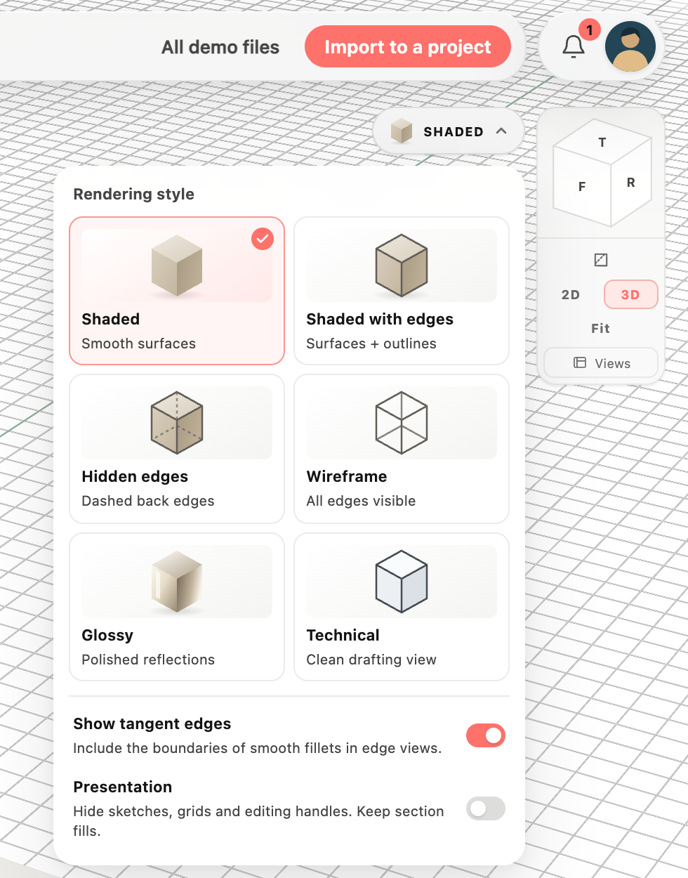 A two-column gallery of six rendering previews, with Shaded selected by a checkmark and tangent-edge and Presentation switches grouped below.