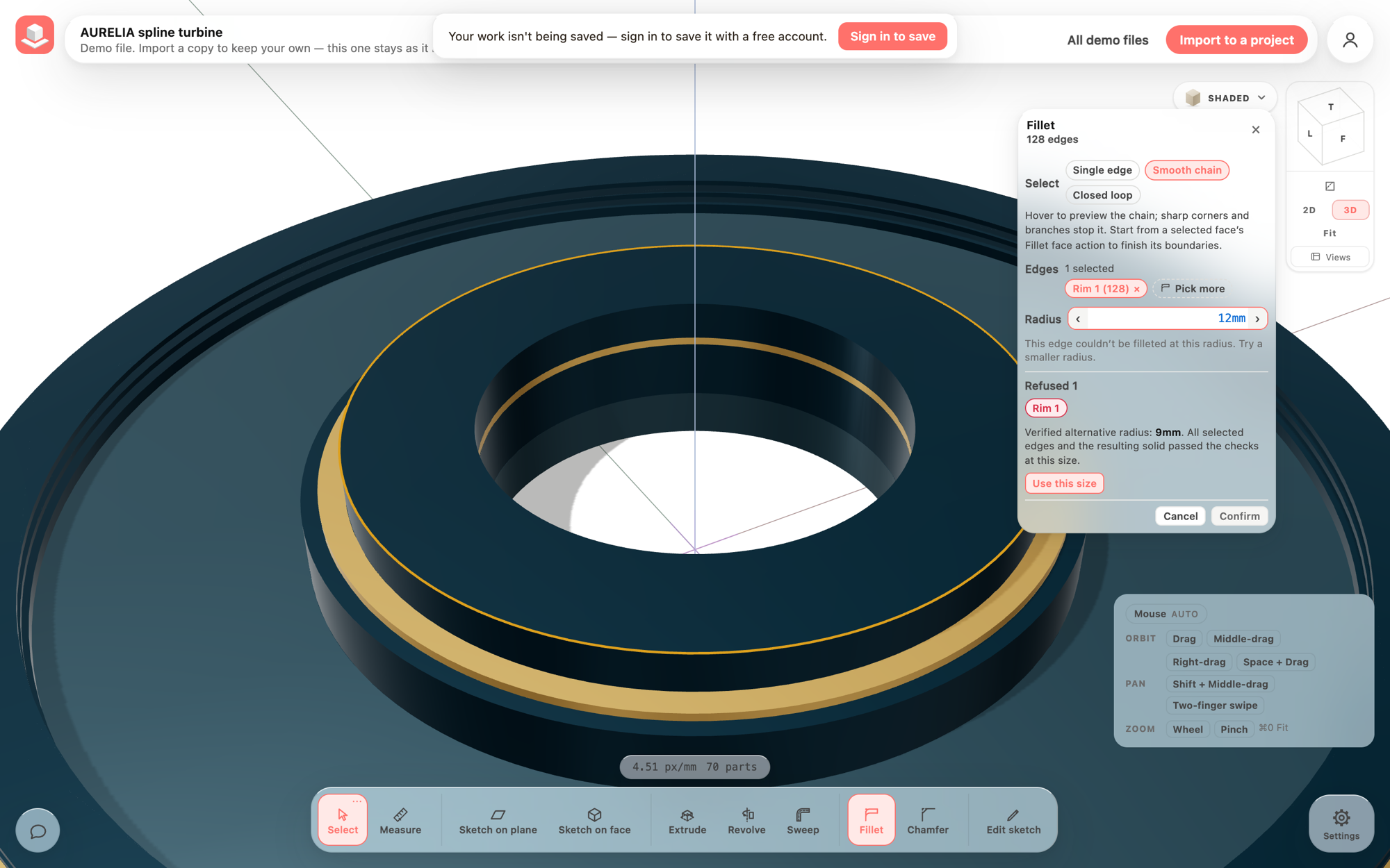 Earlier actual app output: the Fillet card refuses 12 mm on the collar's top outer rim and offers 9 mm instead.